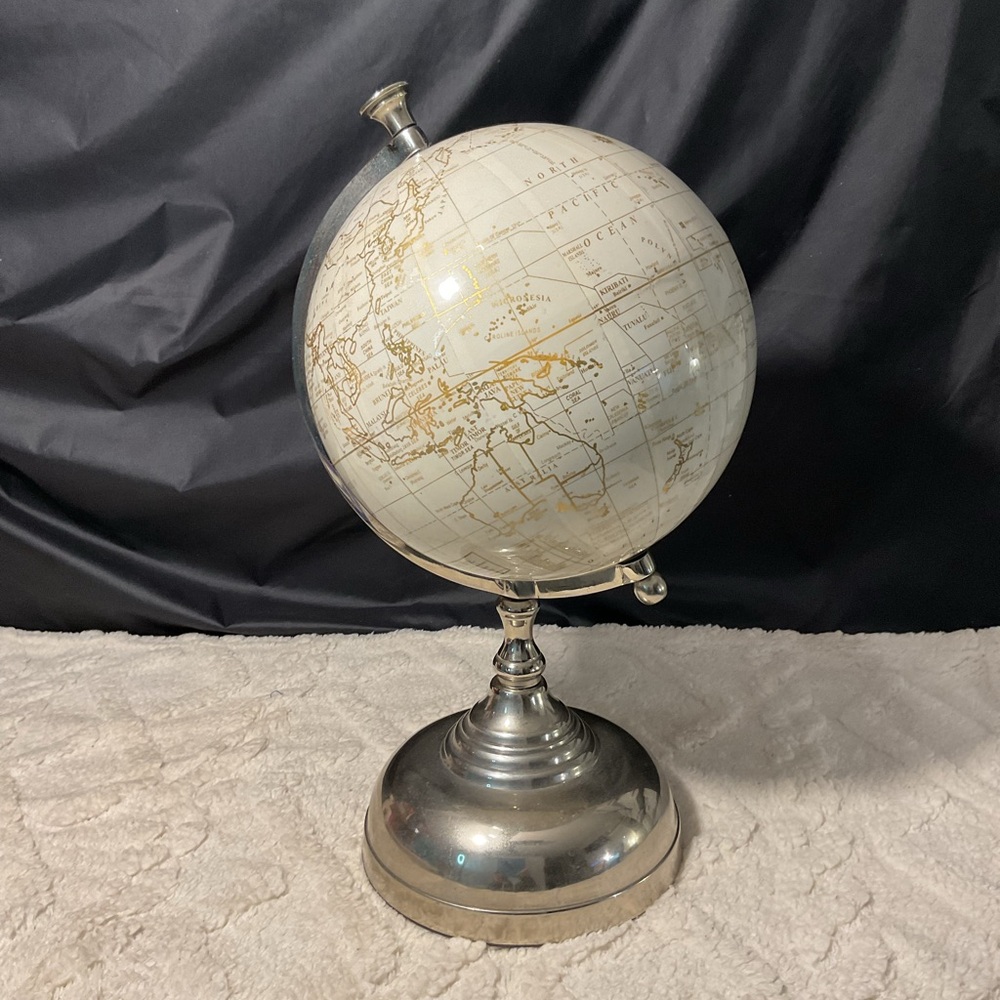 Elegant Silver and Cream & Gold Etching World Globe 15 x 7.5